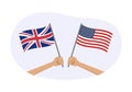 UK and USA flags. American and British national symbols. Hand holding waving flags. Vector illustration
